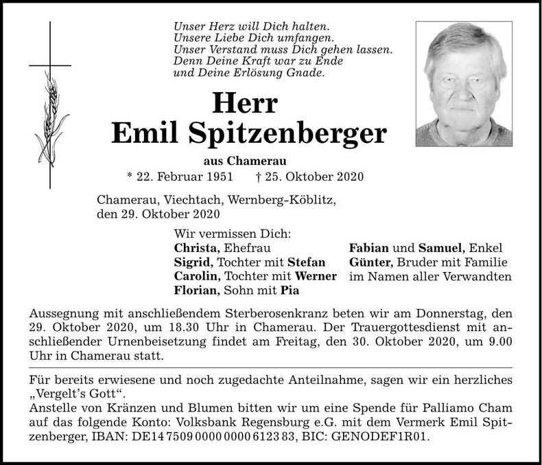 Traueranzeige Emil Spitzenberger