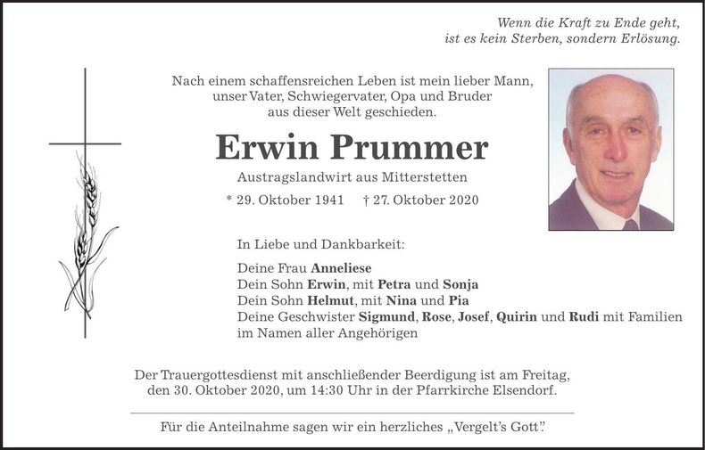 Traueranzeige Erwin Prummer