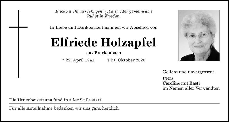 Traueranzeige Elfriede Holzapfel