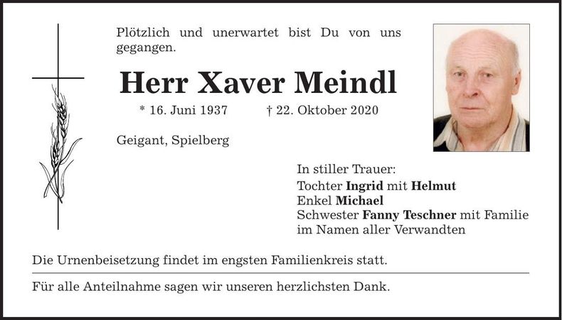 Traueranzeige Xaver Meindl