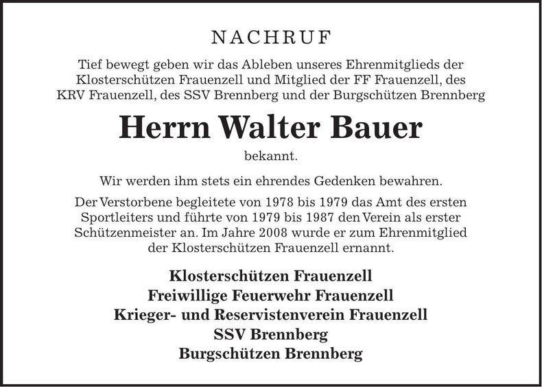 Traueranzeige Walter Bauer
