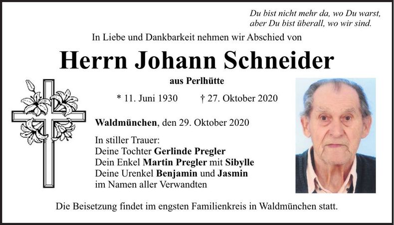 Traueranzeige Johann Schneider