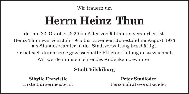 Traueranzeige Heinz Thun