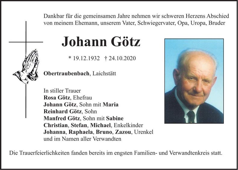 Traueranzeige Johann Götz