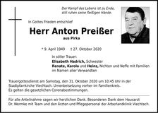 Traueranzeige Anton Preißer