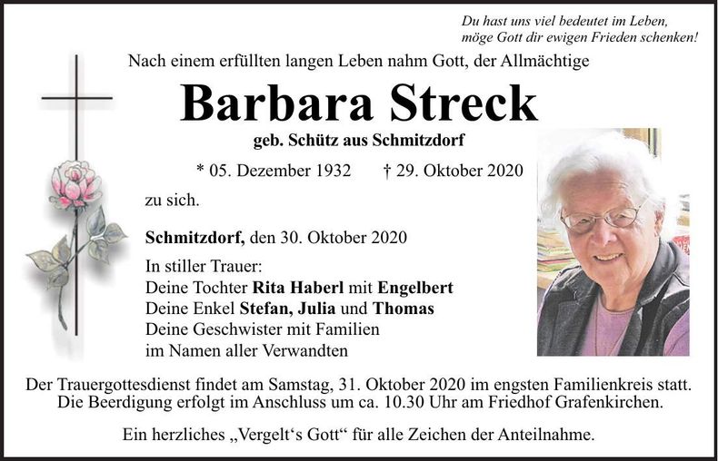 Traueranzeige Barbara Streck