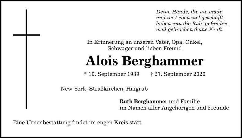 Traueranzeige Alois Berghammer
