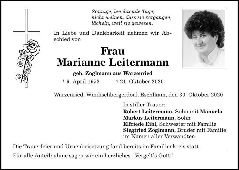 Traueranzeige Marianne Leitermann