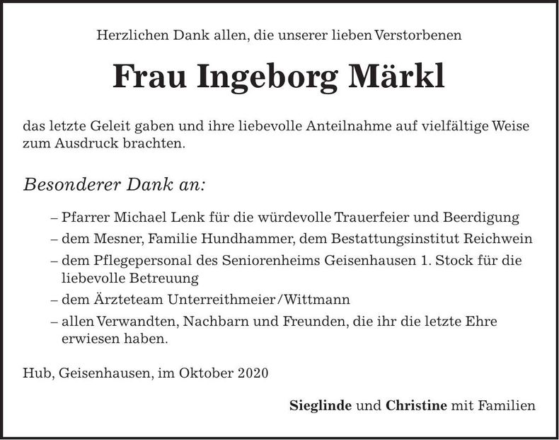 Traueranzeige Ingeborg Märkl
