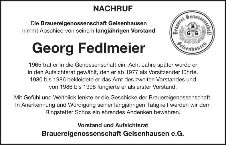 Traueranzeige Georg Fedlmeier