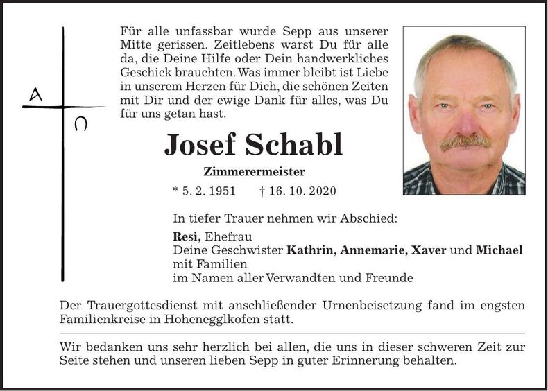 Traueranzeige Josef Schabl