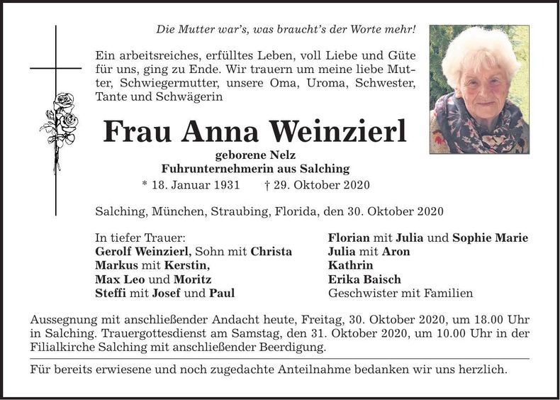 Traueranzeige Anna Weinzierl