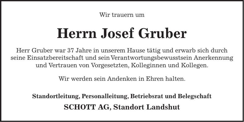Traueranzeige Josef Gruber