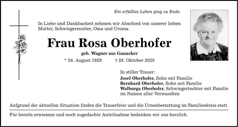 Traueranzeige Rosa Oberhofer
