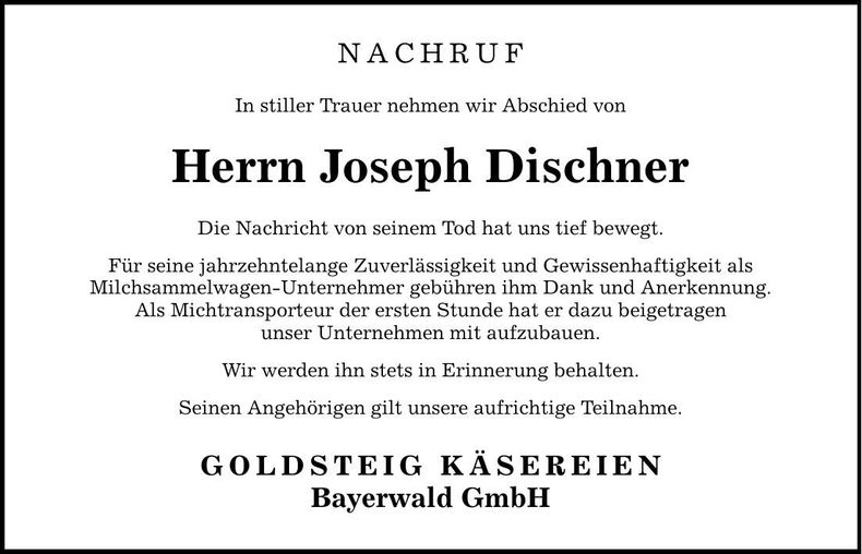 Traueranzeige Joseph Dischner
