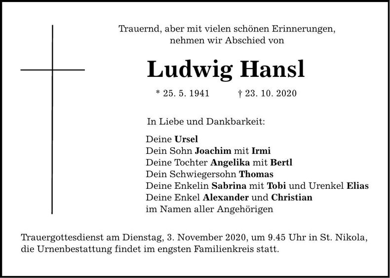 Traueranzeige Ludwig Hansl
