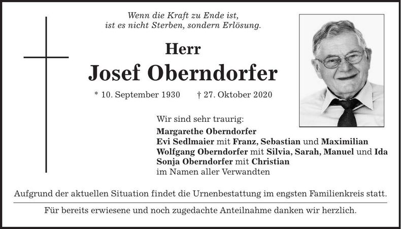 Traueranzeige Josef Oberndorfer