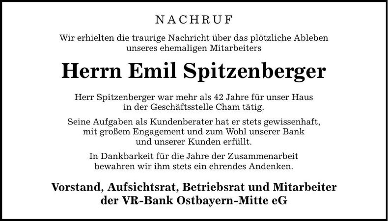 Traueranzeige Emil Spitzenberger