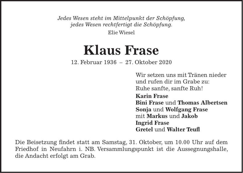 Traueranzeige Klaus Frase