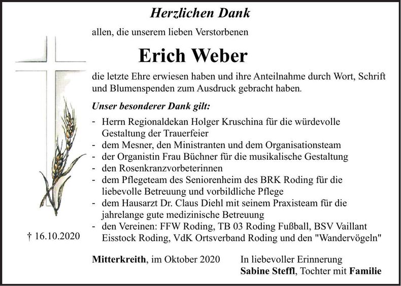 Traueranzeige Erich Weber