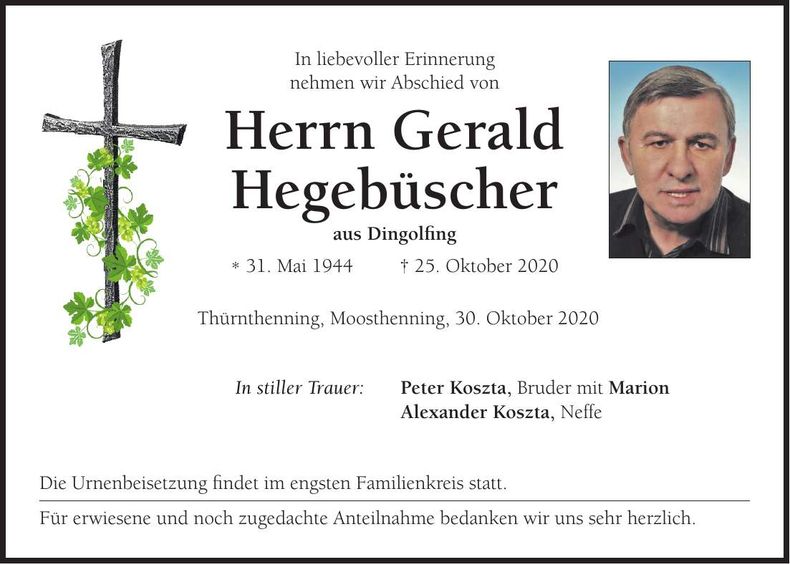 Traueranzeige Gerald Hegebüscher