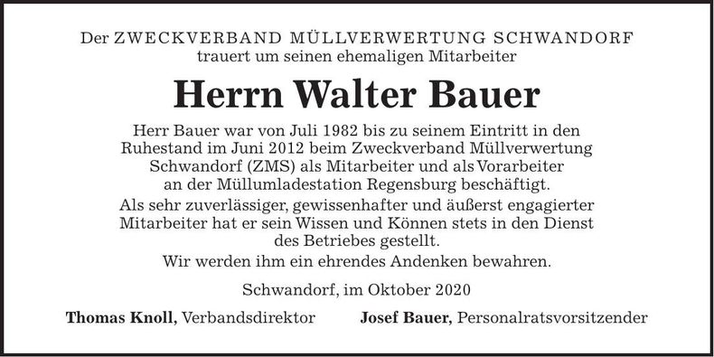 Traueranzeige Walter Bauer