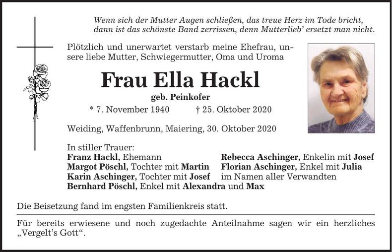 Traueranzeige Ella Hackl