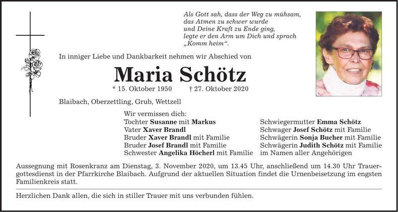 Traueranzeige Maria Schötz