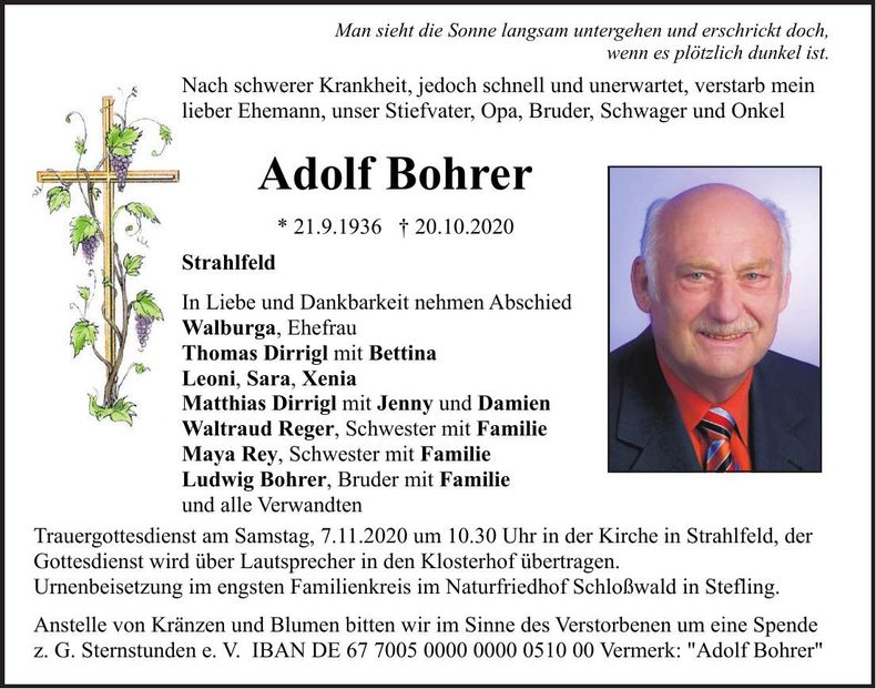 Traueranzeige Adolf Bohrer