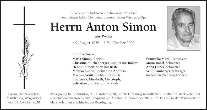 Traueranzeige Anton Simon