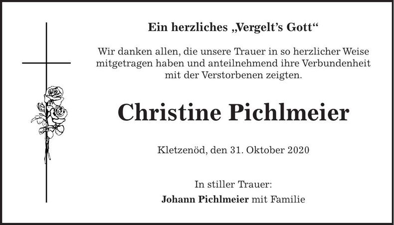 Traueranzeige Christine Pichlmeier