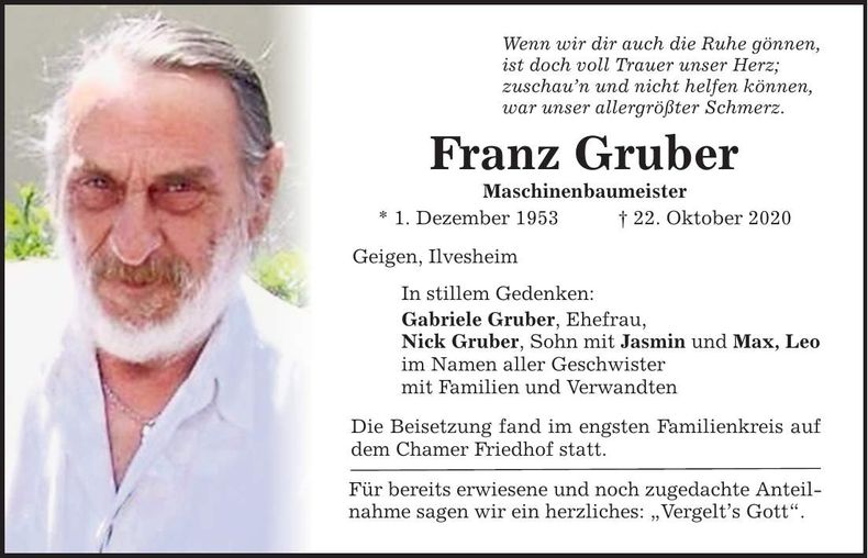 Traueranzeige Franz Gruber