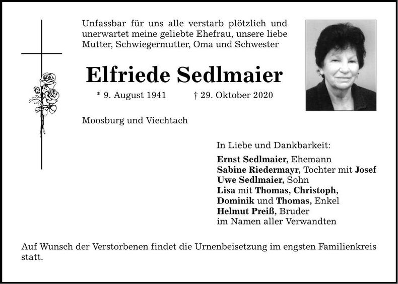 Traueranzeige Elfriede Sedlmaier