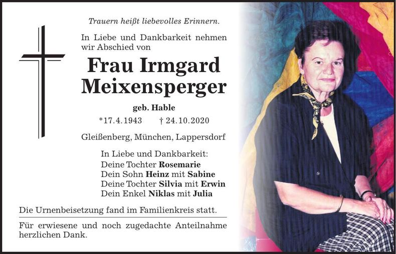 Traueranzeige Irmgard Meixensperger