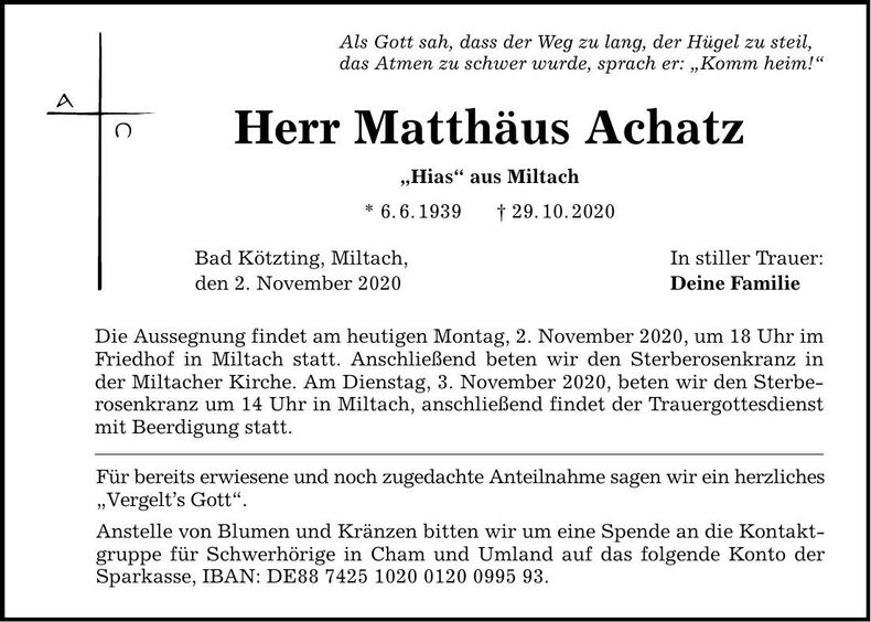 Traueranzeige Matthäus Achatz