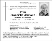 Traueranzeige Franziska Axmann