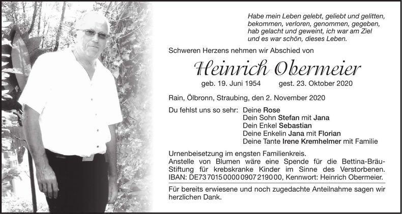 Traueranzeige Heinrich Obermeier