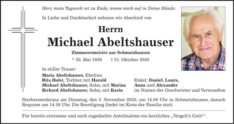Traueranzeige Michael Abeltshauser