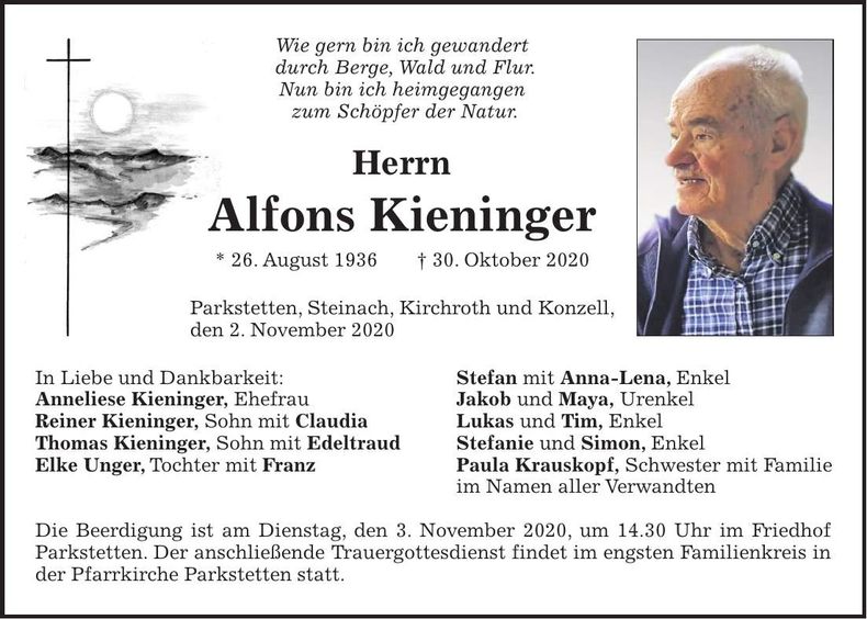 Traueranzeige Alfons Kieninger