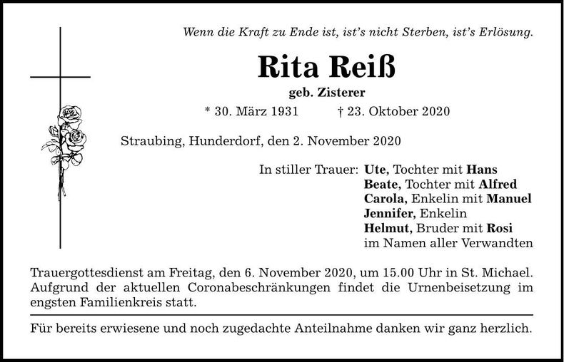Traueranzeige Rita Reiß