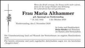Traueranzeige Maria Althammer