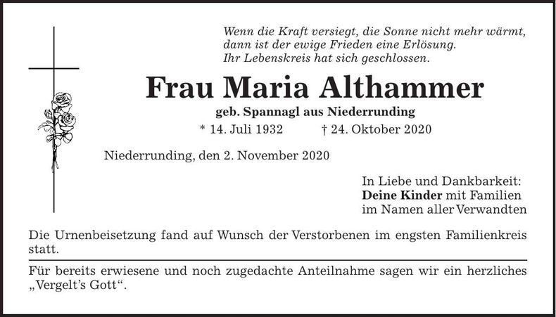 Traueranzeige Maria Althammer