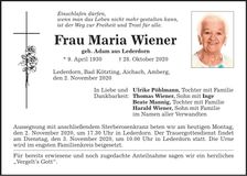 Traueranzeige Maria Wiener