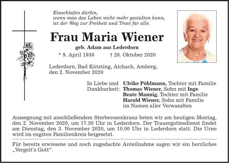 Traueranzeige Maria Wiener