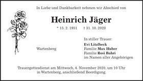 Traueranzeige Heinrich Jäger
