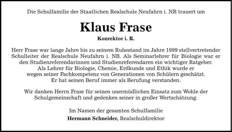 Traueranzeige Klaus Frase