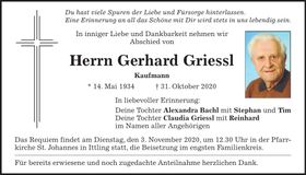 Traueranzeige Gerhard Griessl