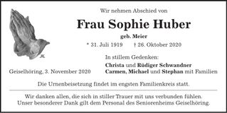 Traueranzeige Sophie Huber