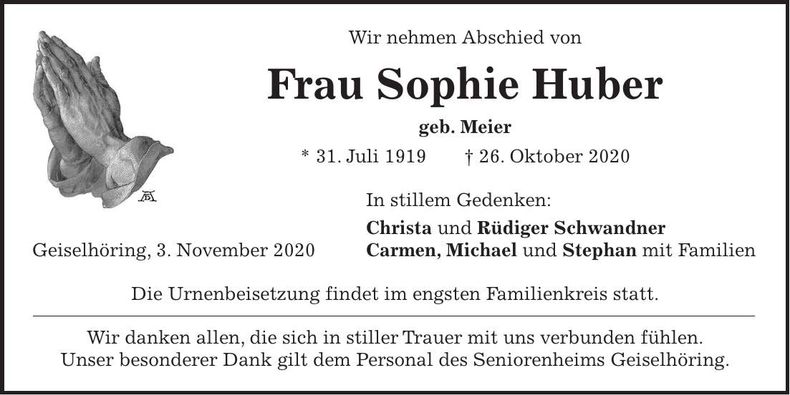 Traueranzeige Sophie Huber
