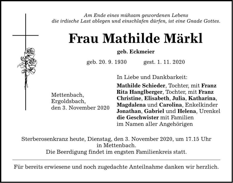 Traueranzeige Mathilde Märkl